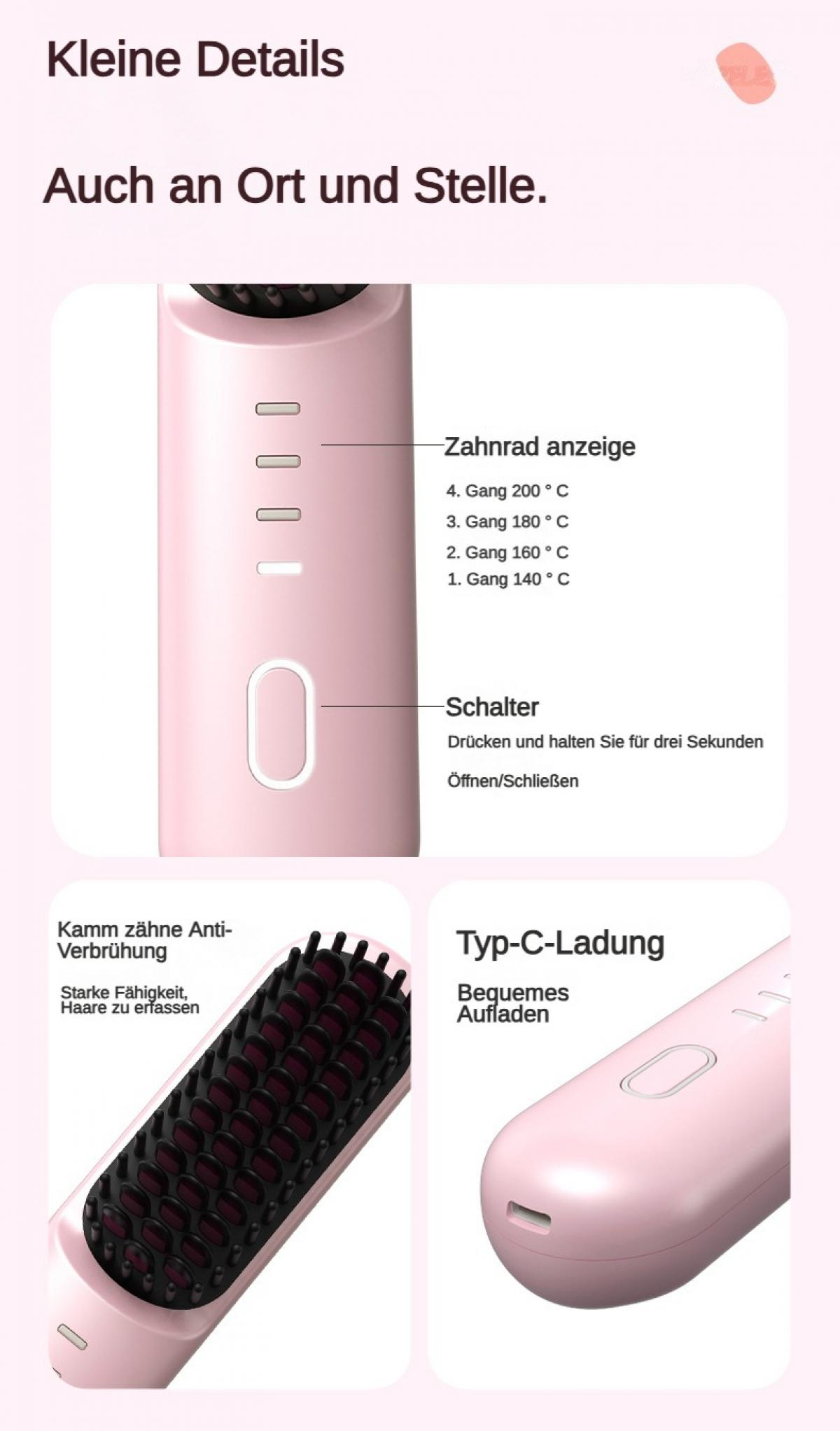 Ein rosafarbener Haarglätter mit Anzeige, Schalter, Kamm und Ladeanschluss.