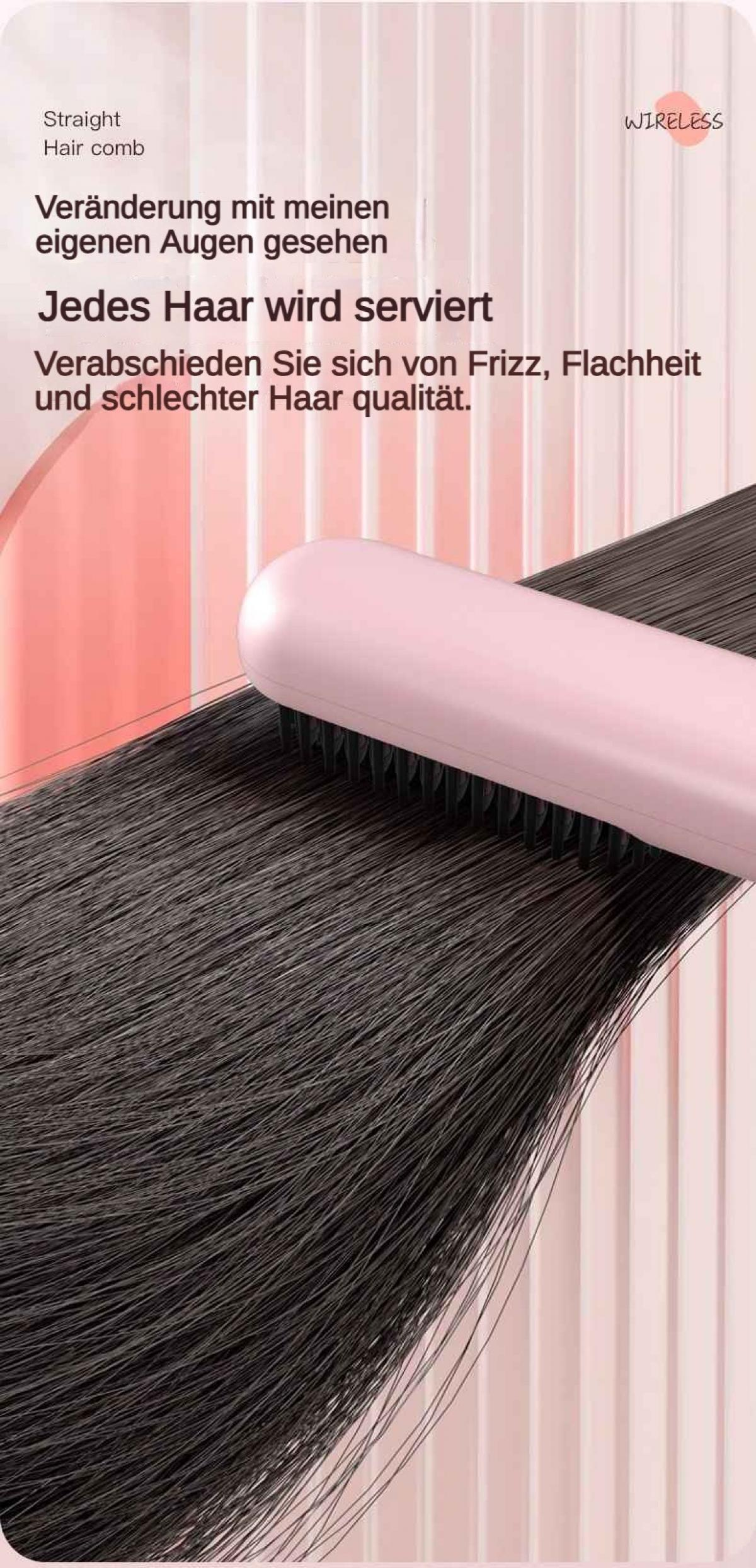 Ein rosa Haarkamm glättet schwarzes Haar vor einem rosafarbenen Hintergrund.
