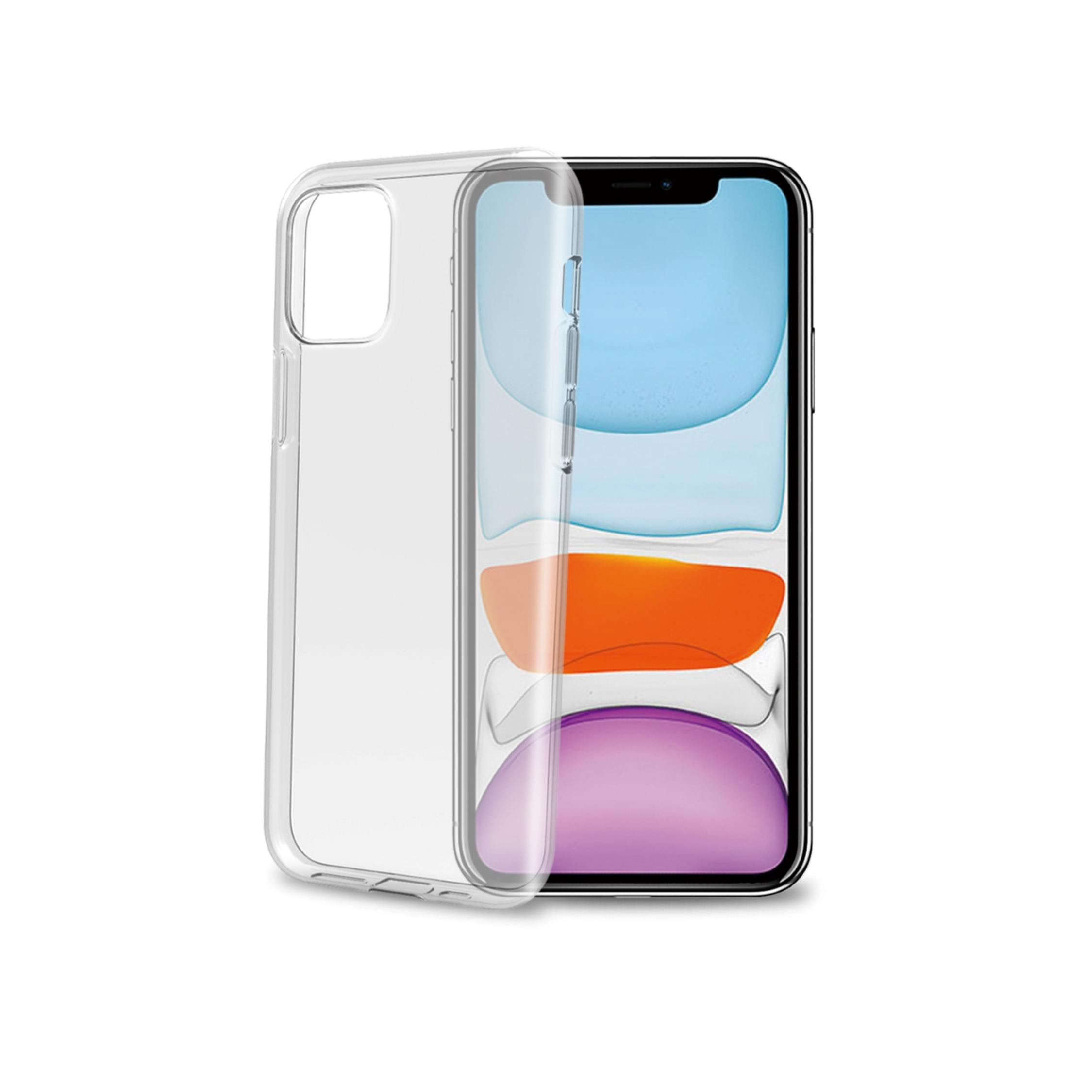 Una custodia trasparente per telefono è accanto a uno smartphone con sfondo colorato.