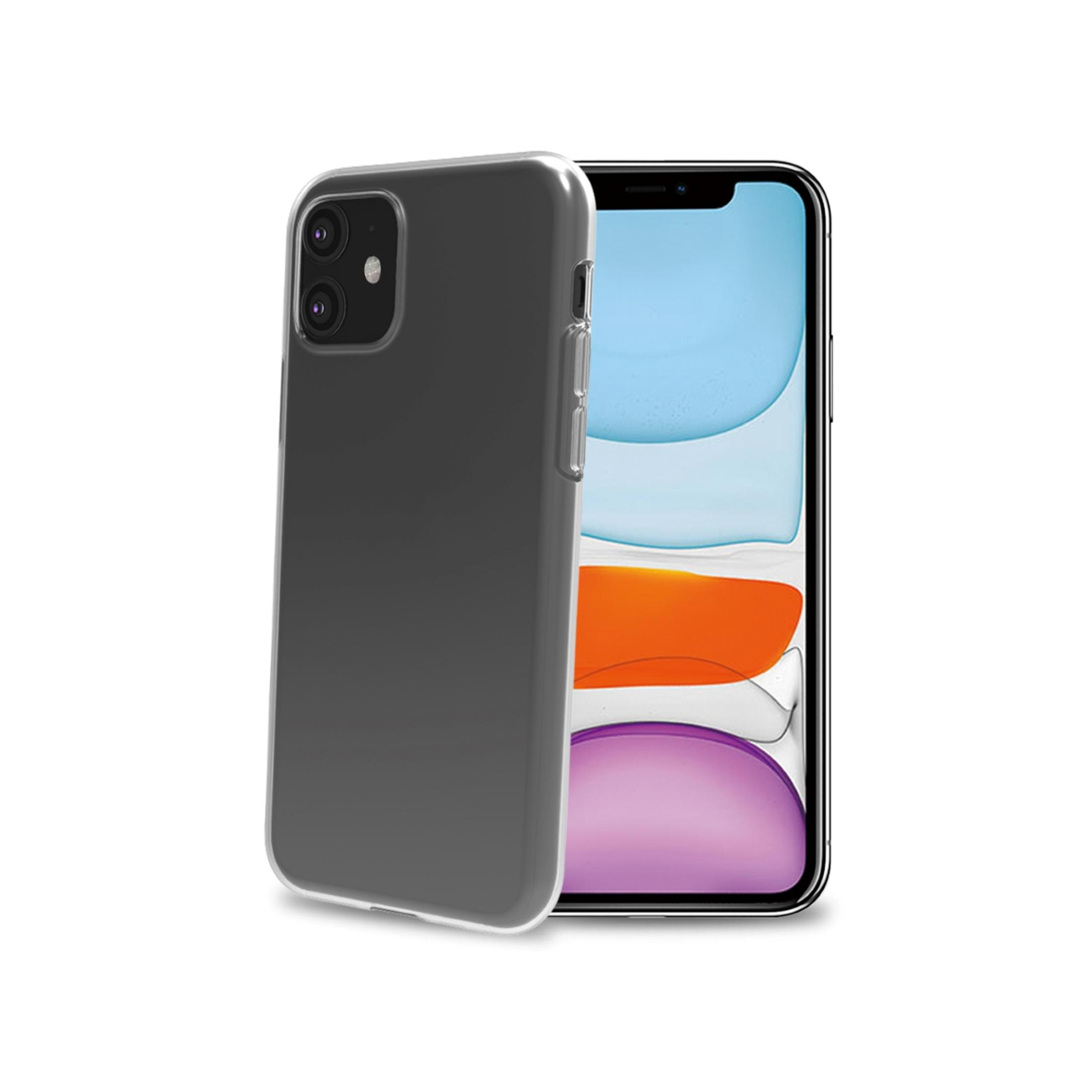 Una custodia scura per telefono giace accanto a uno smartphone con sfondi colorati.