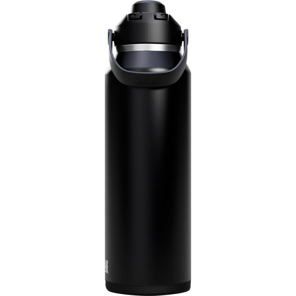 Schwarze Isolierflasche mit Henkel und Drehverschluss, mattes Finish.