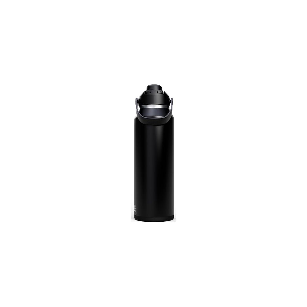 Eine schwarze, isolierte Wasserflasche mit einem Tragegriff und einem ausklappbaren Deckel.