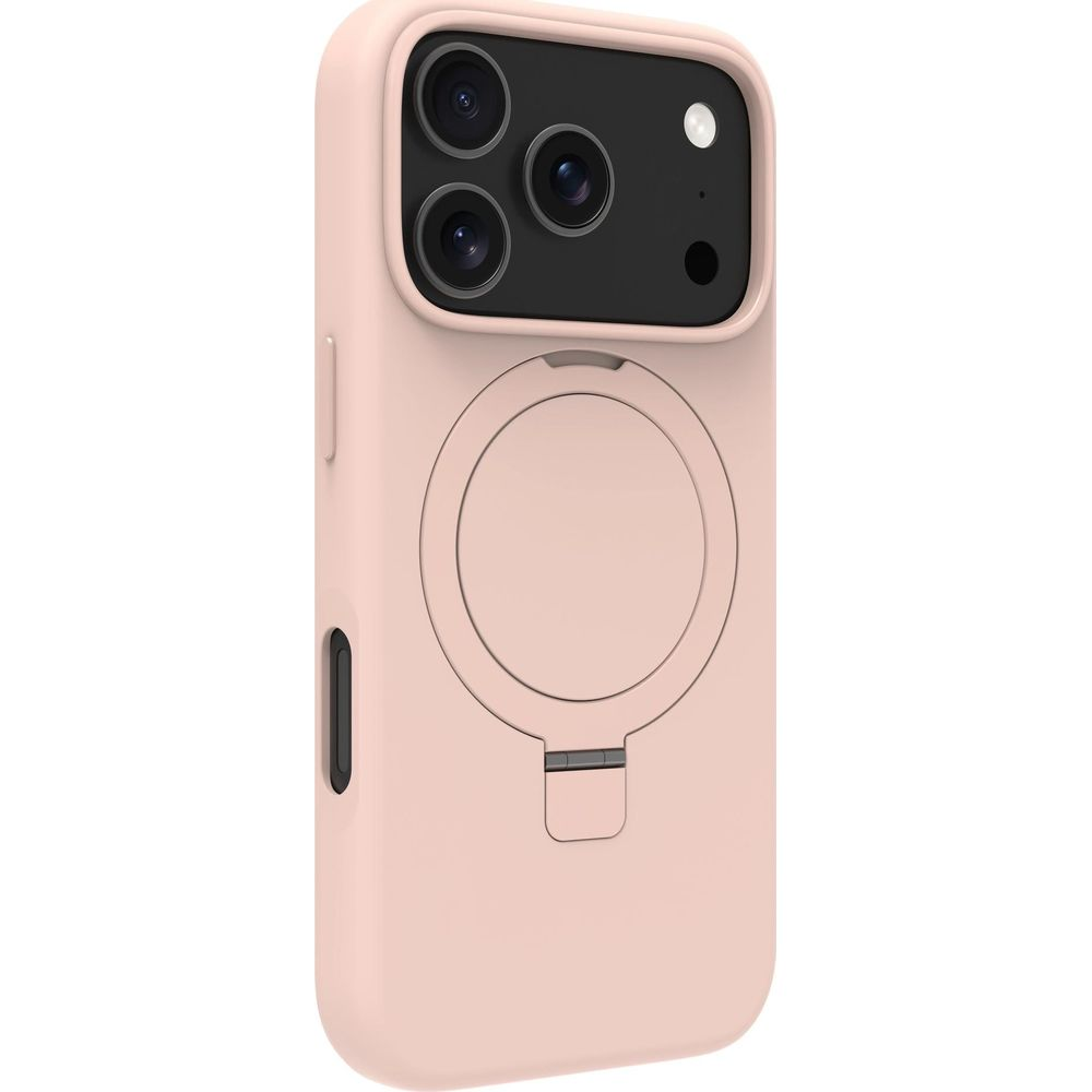 Una cover per telefono rosa con sistema di fotocamere e cavalletto integrato.