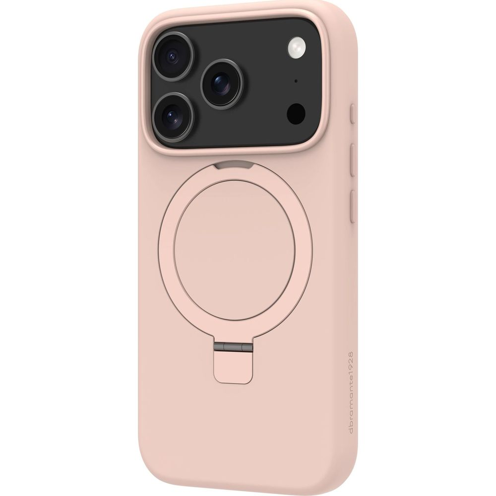 Una cover rosa per telefono con ritaglio fotocamera e anello.