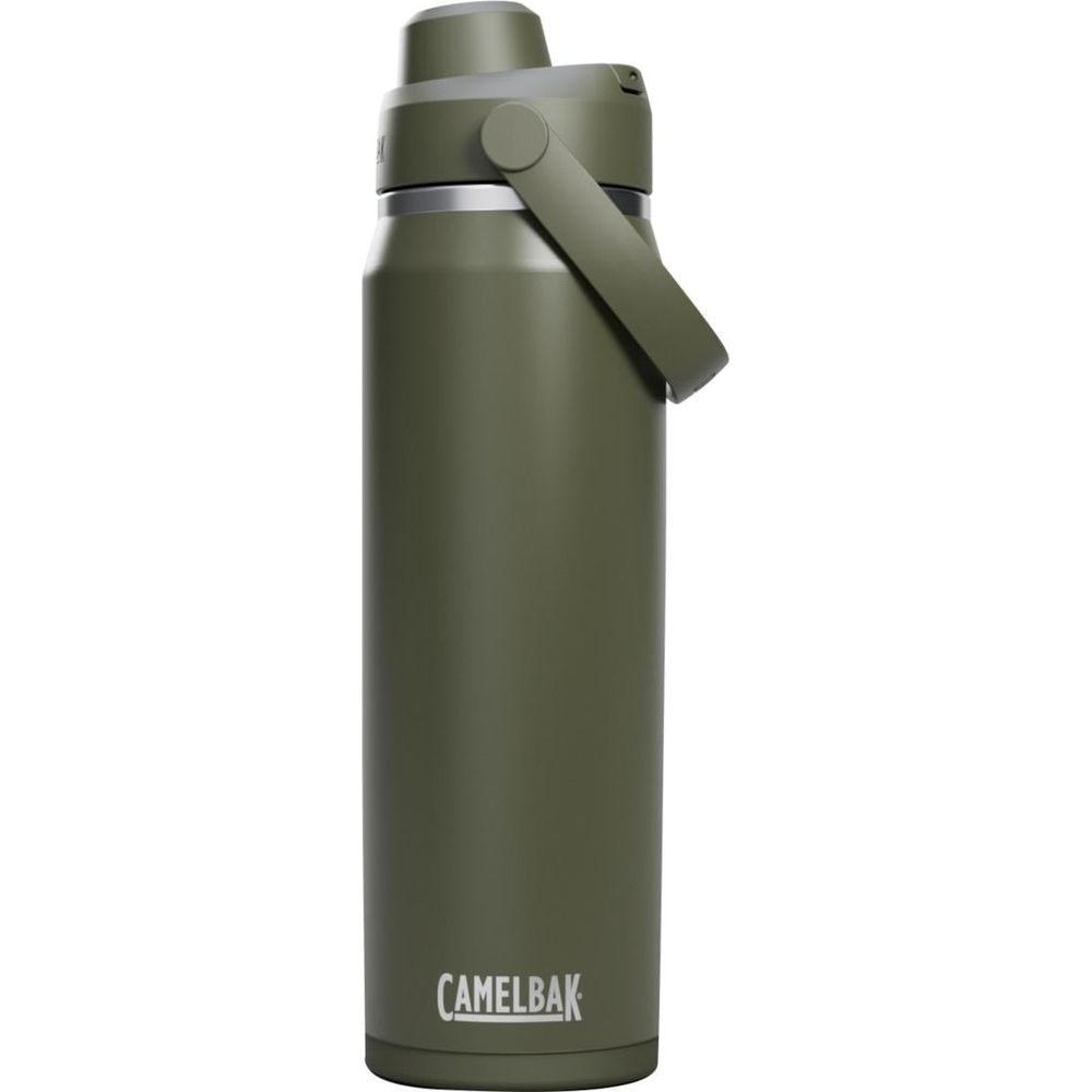 Eine olivgrüne Camelbak-Wasserflasche mit grauem Deckel und Griff.
