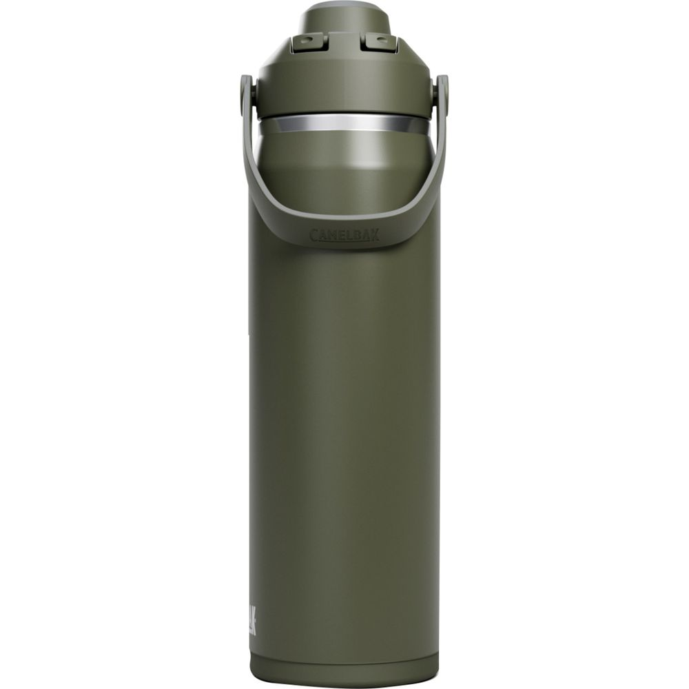 Eine olivgrüne Camelbak-Flasche mit Henkel und silbernem Ring am Deckel.