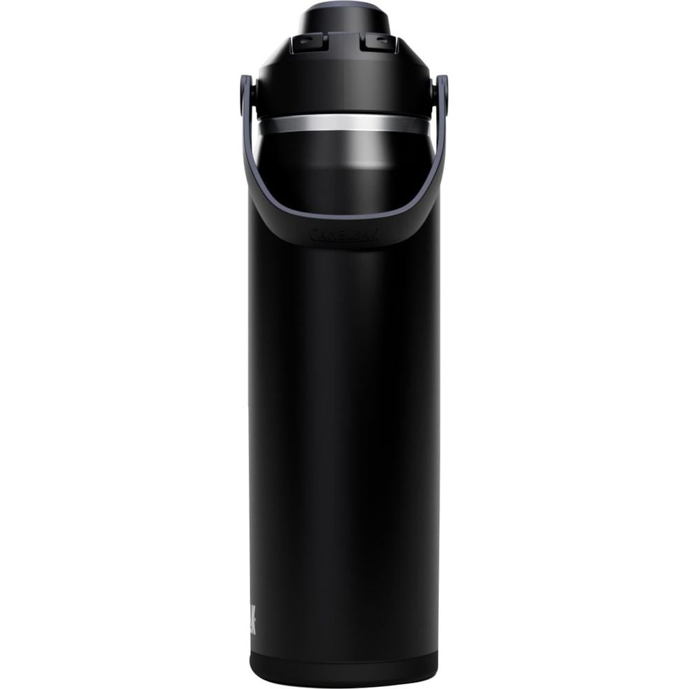 Schwarze, isolierte Trinkflasche mit Henkel und silbernem Ring am Deckel.