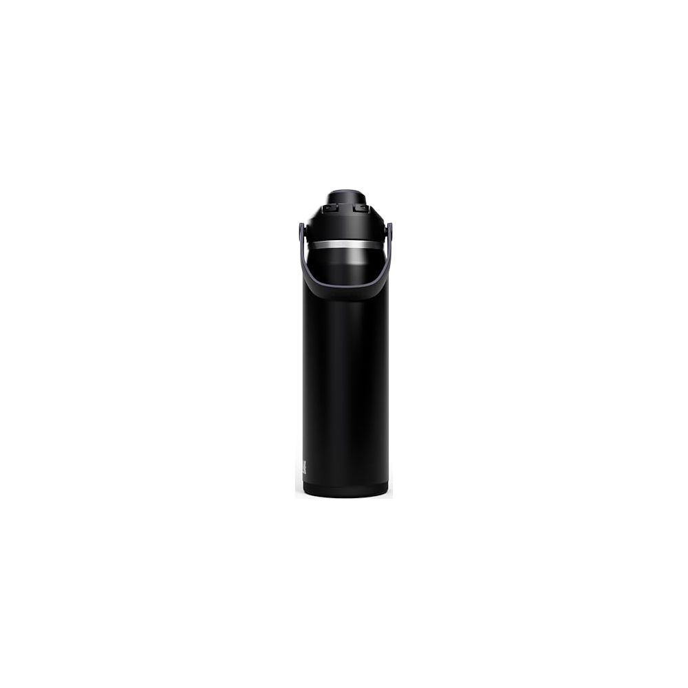 Schwarze Wasserflasche mit Griff und silbernen Akzenten am Deckel.