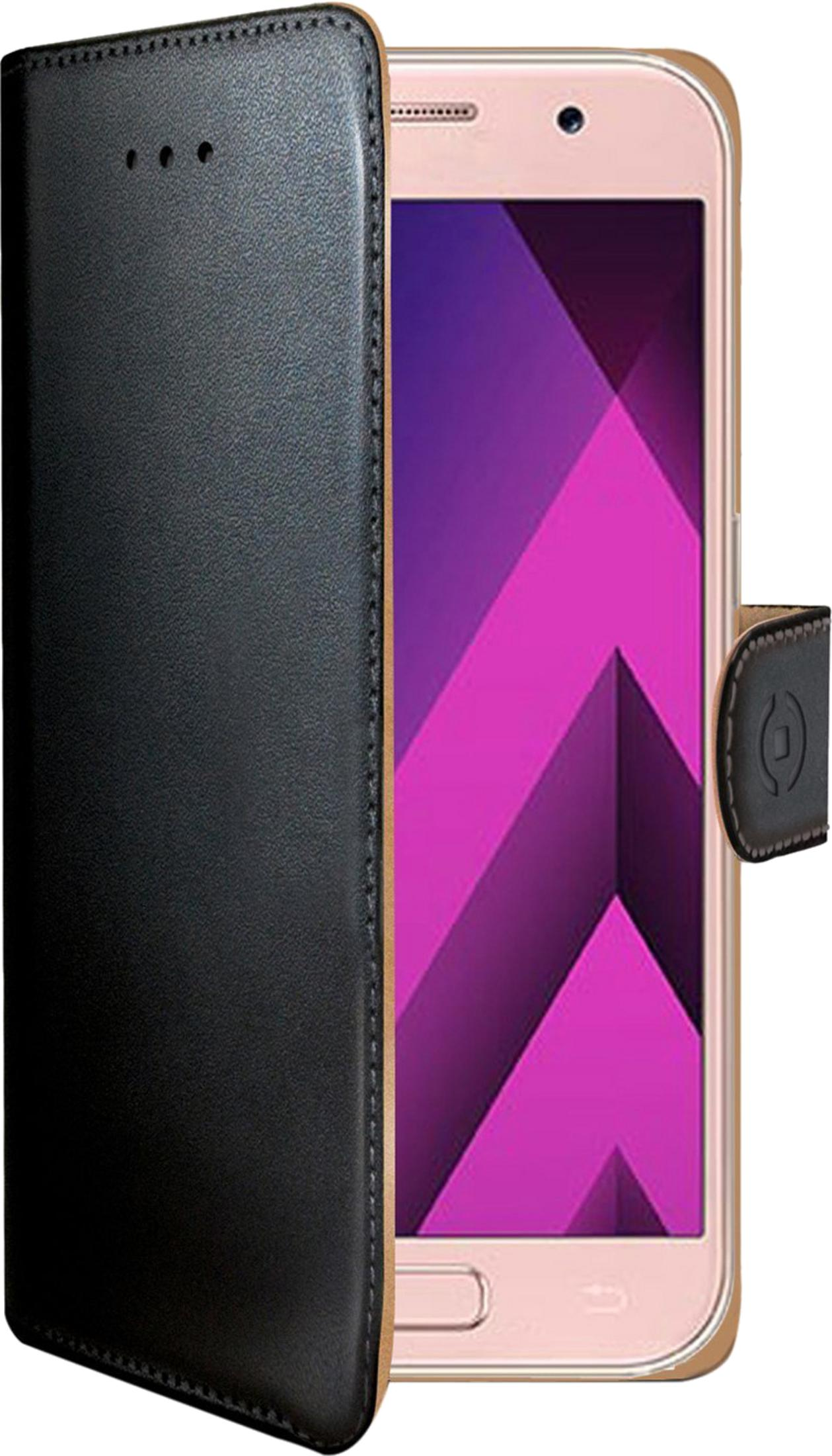 Una custodia aperta in pelle nera per uno smartphone oro rosa con sfondo viola.