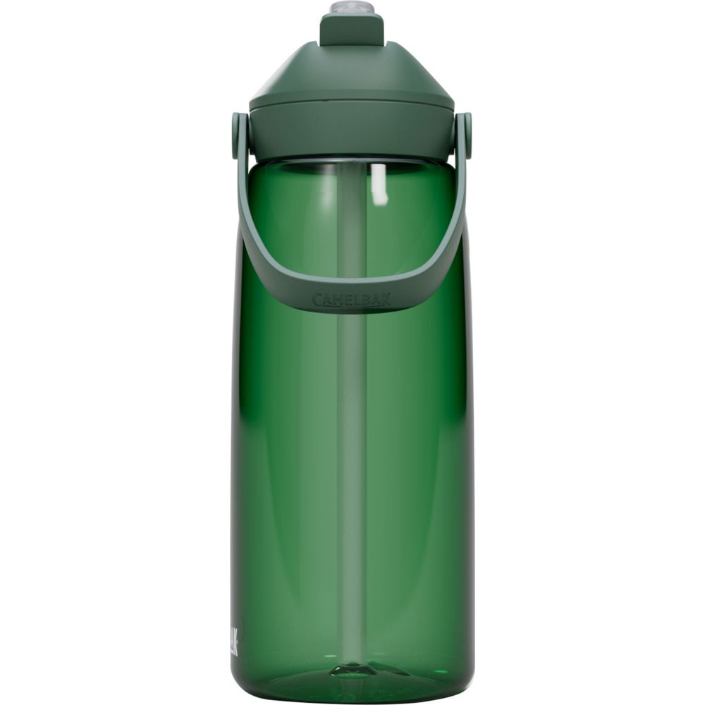 Eine grüne Camelbak-Wasserflasche mit Strohhalm und Tragegriff.