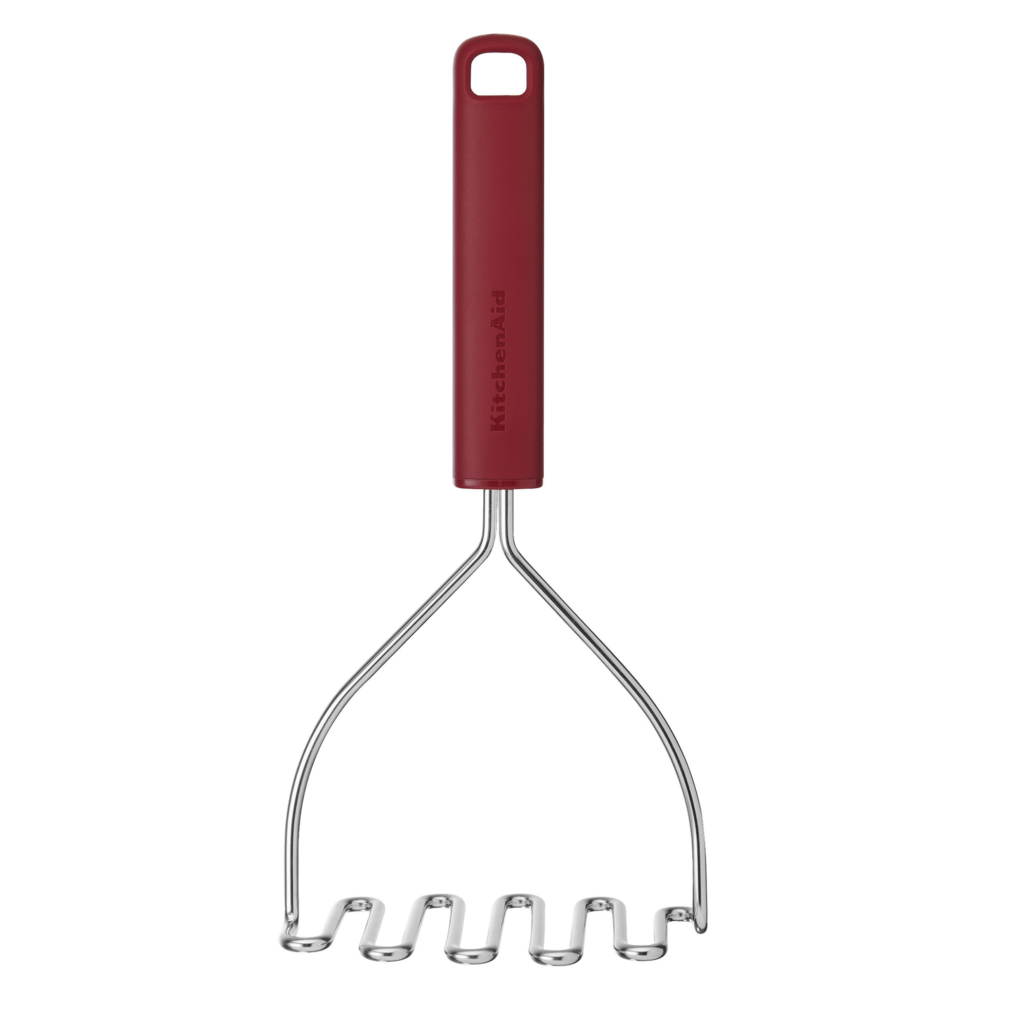 Ein roter Kartoffelstampfer mit KitchenAid-Logo.