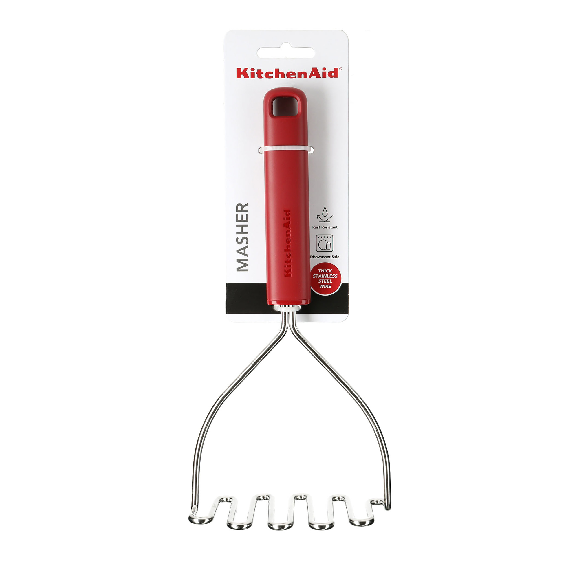 Ein roter KitchenAid Kartoffelstampfer mit Edelstahlbügel und Wellenmuster.