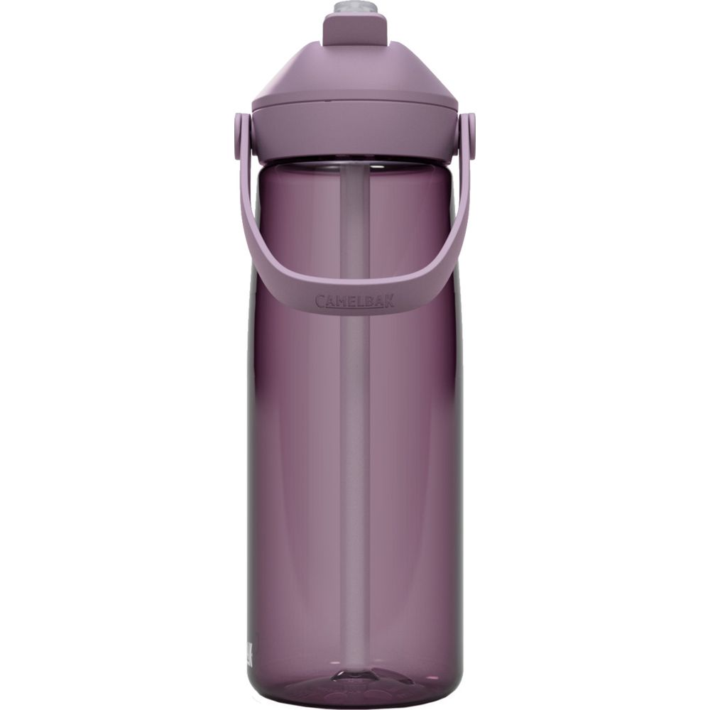 Eine lila Camelbak-Wasserflasche mit Strohhalm und Henkel.