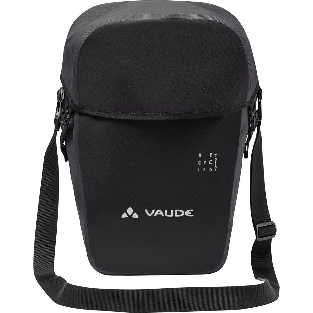 Sacoche de vélo noire Vaude avec sangle et logo réfléchissant.