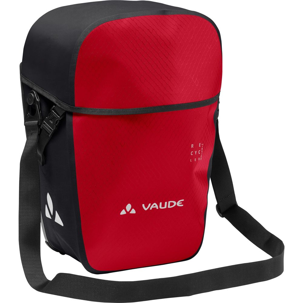 Sacoche de vélo rouge et noire avec logo Vaude et bandoulière.