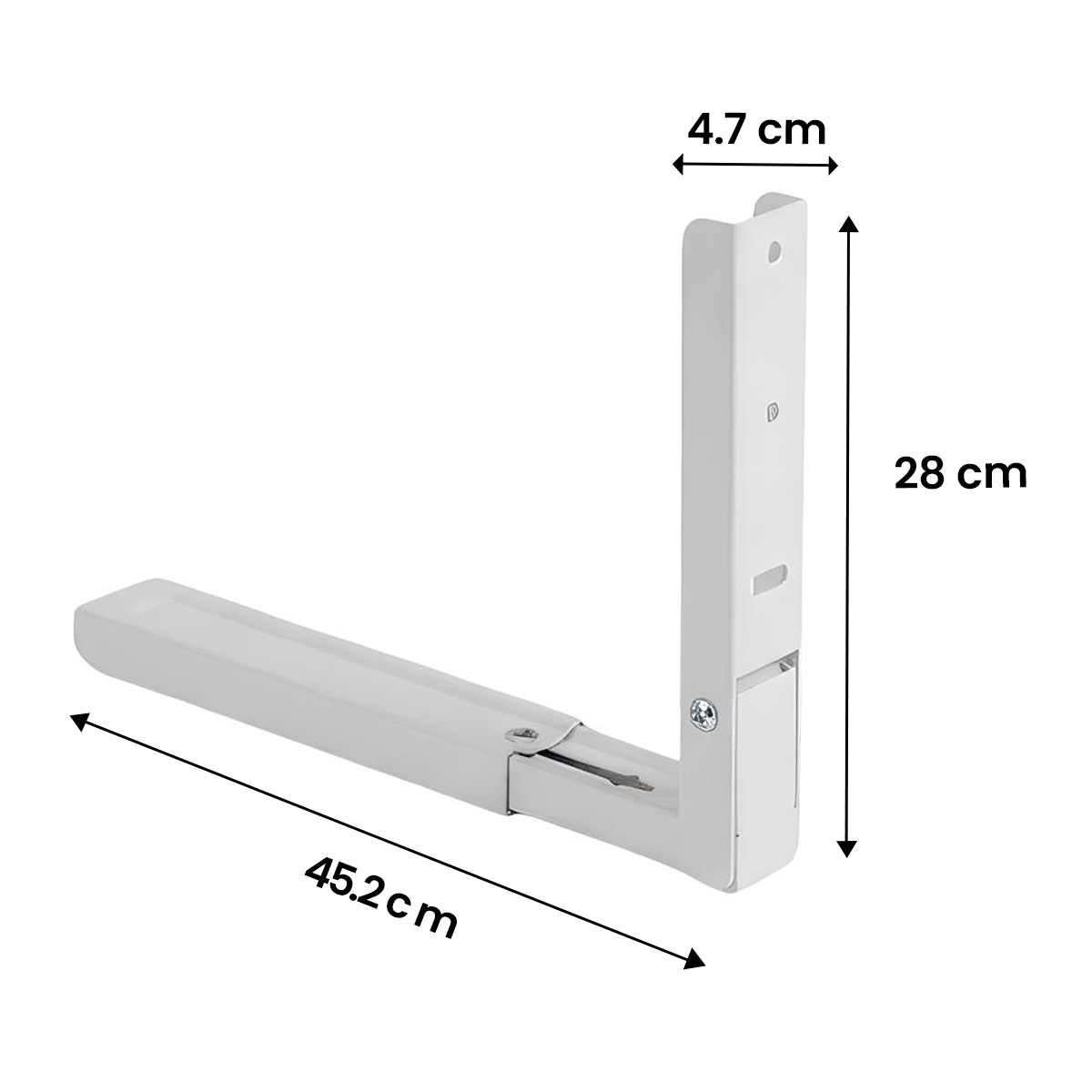 Weiße Mikrowellenhalterung mit Maßen 45,2 cm und 28 cm.