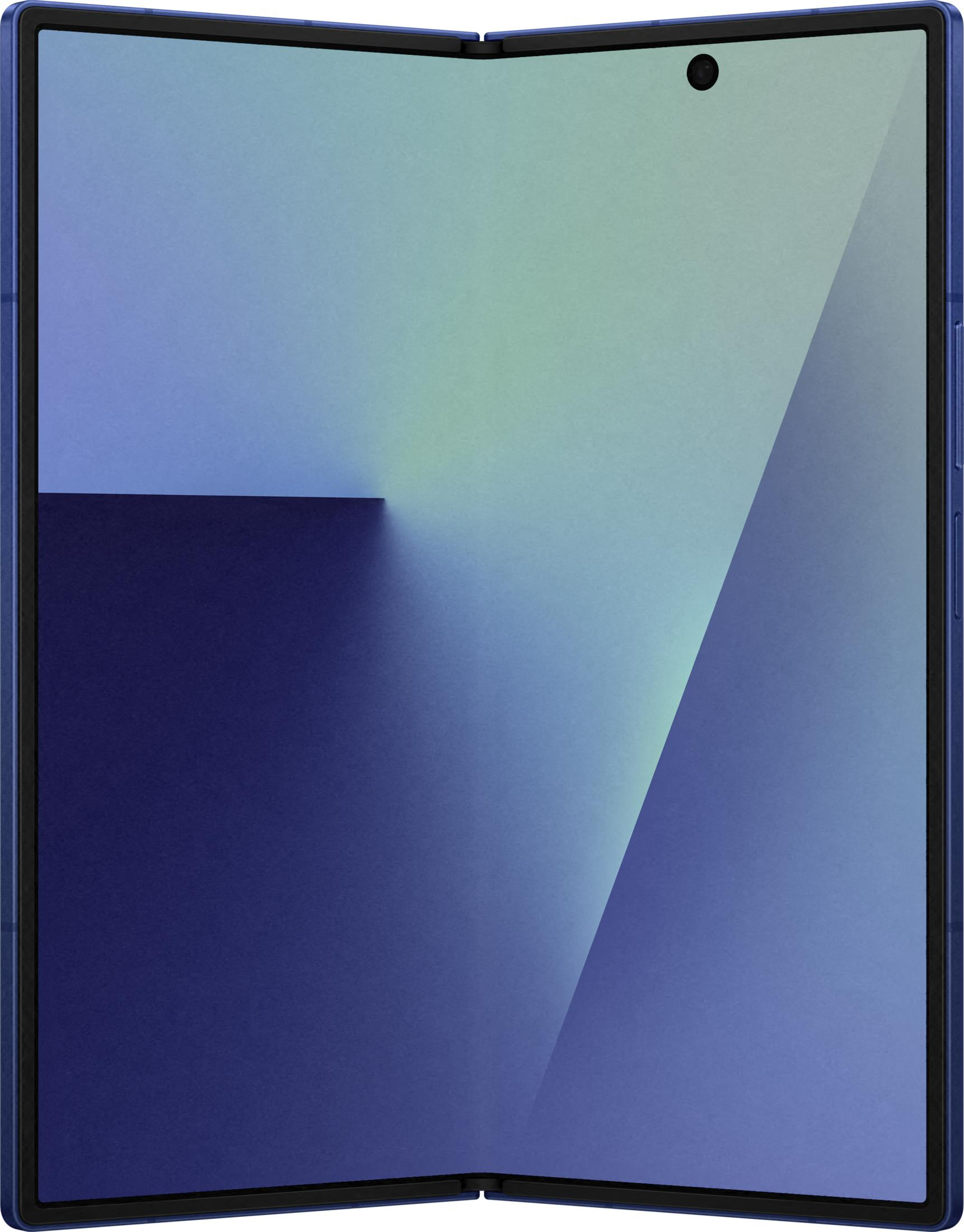 Uno smartphone pieghevole blu chiuso che mostra uno sfondo sfumato.