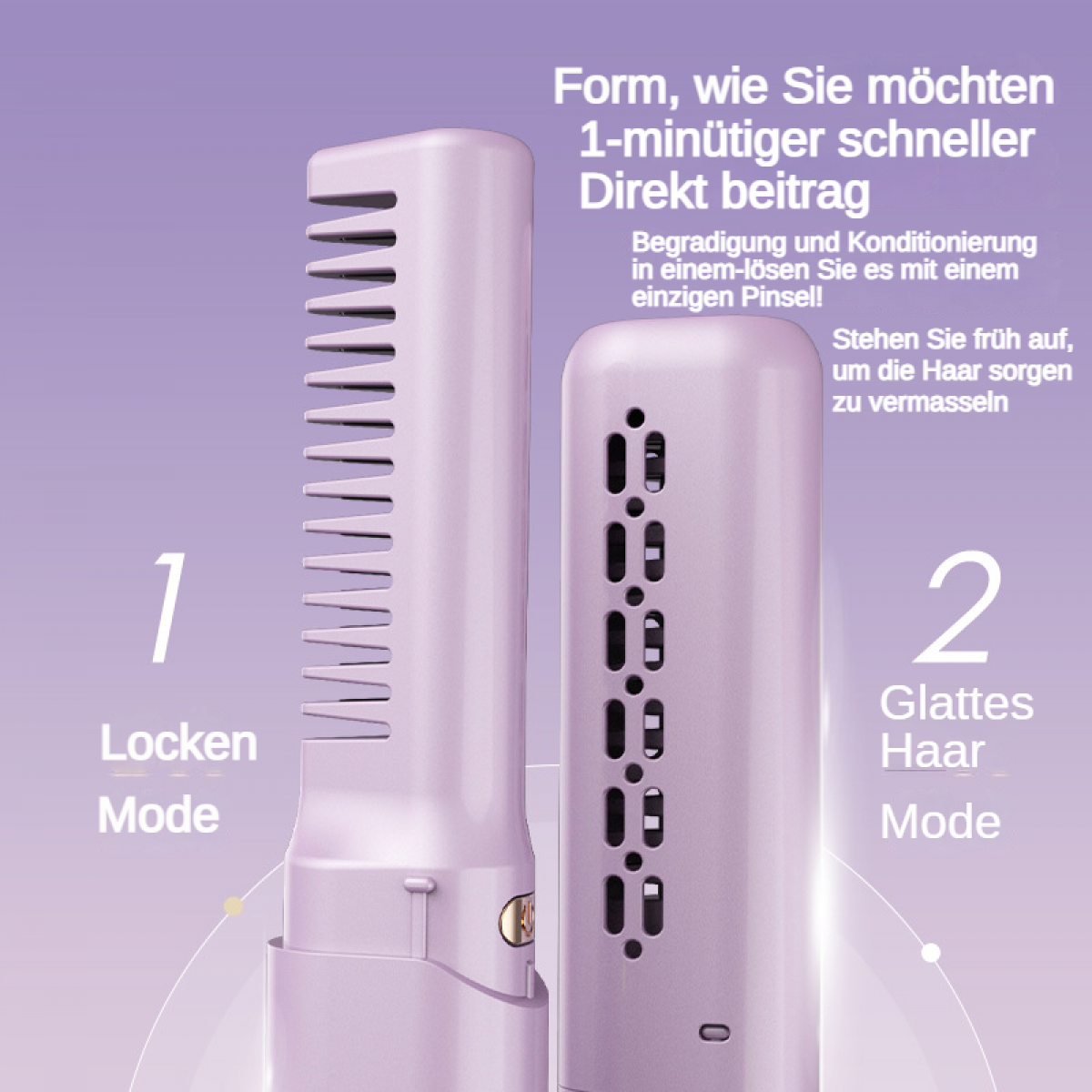 Zwei lila Haarstyling-Geräte nebeneinander. Eines mit Kamm, das andere mit Lüftungsschlitzen.