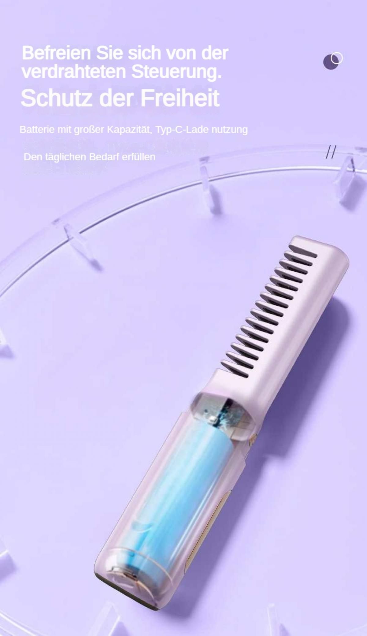 Ein weißer Haarkamm mit transparentem Griff und blauer Batterie auf lavendelfarbenem Hintergrund.