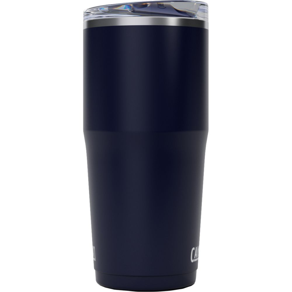 Ein dunkelblauer Becher mit silbernem Rand und durchsichtigem Deckel.