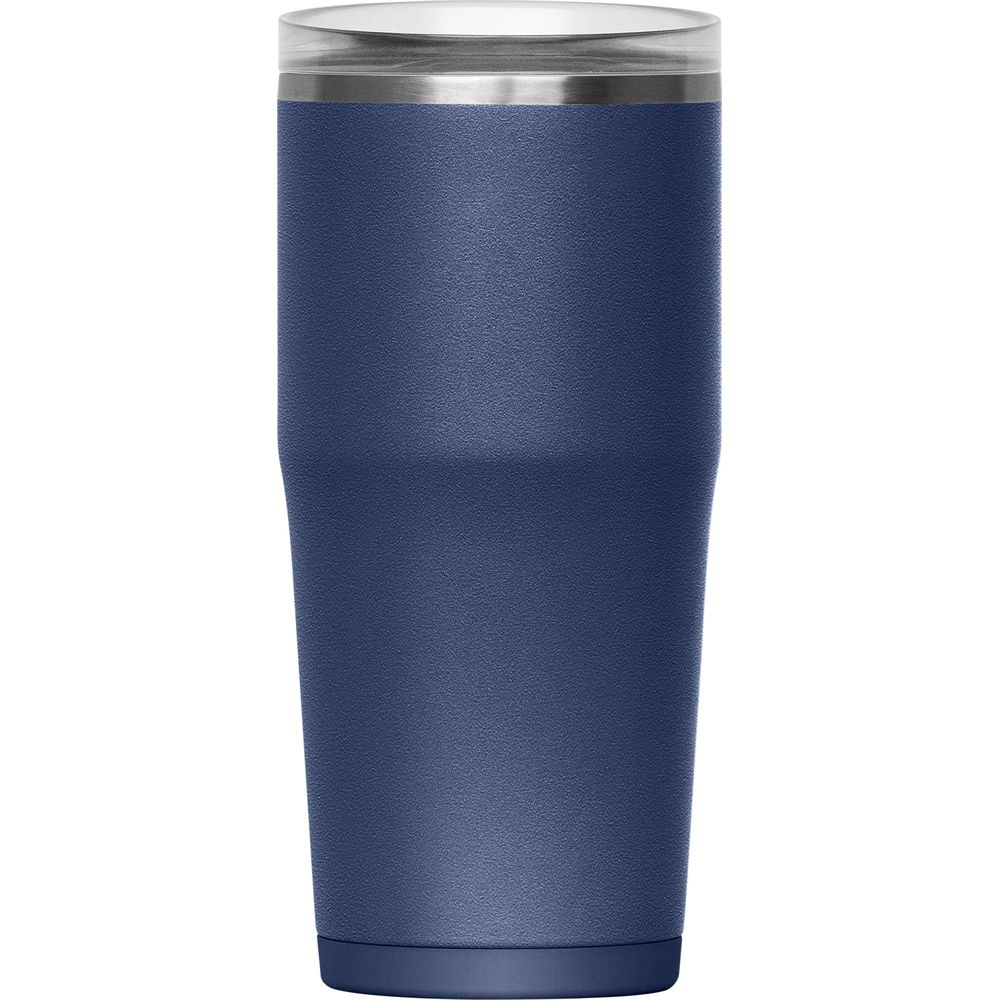 Ein dunkelblauer Becher mit silbernem Rand und transparentem Deckel.