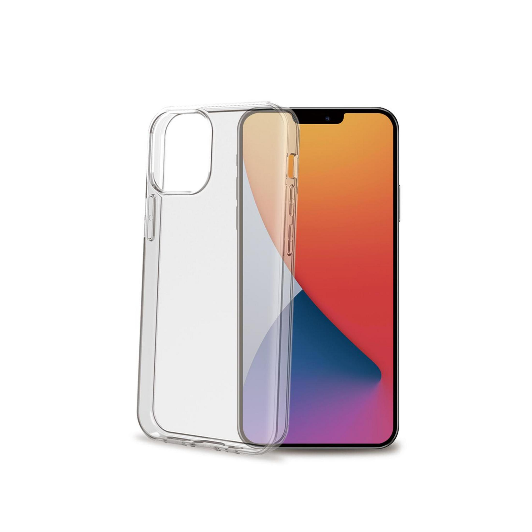 Custodia trasparente accanto a uno smartphone con sfondo colorato.
