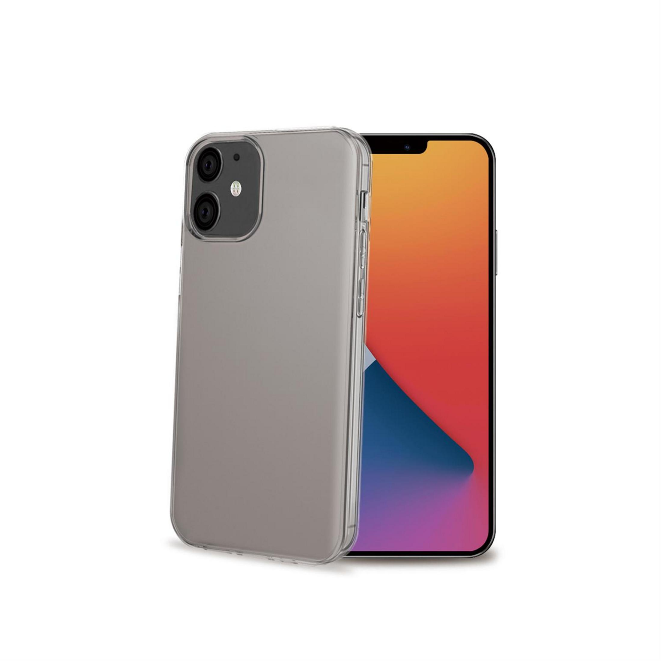 Custodia grigia accanto a uno smartphone con sfondo colorato.