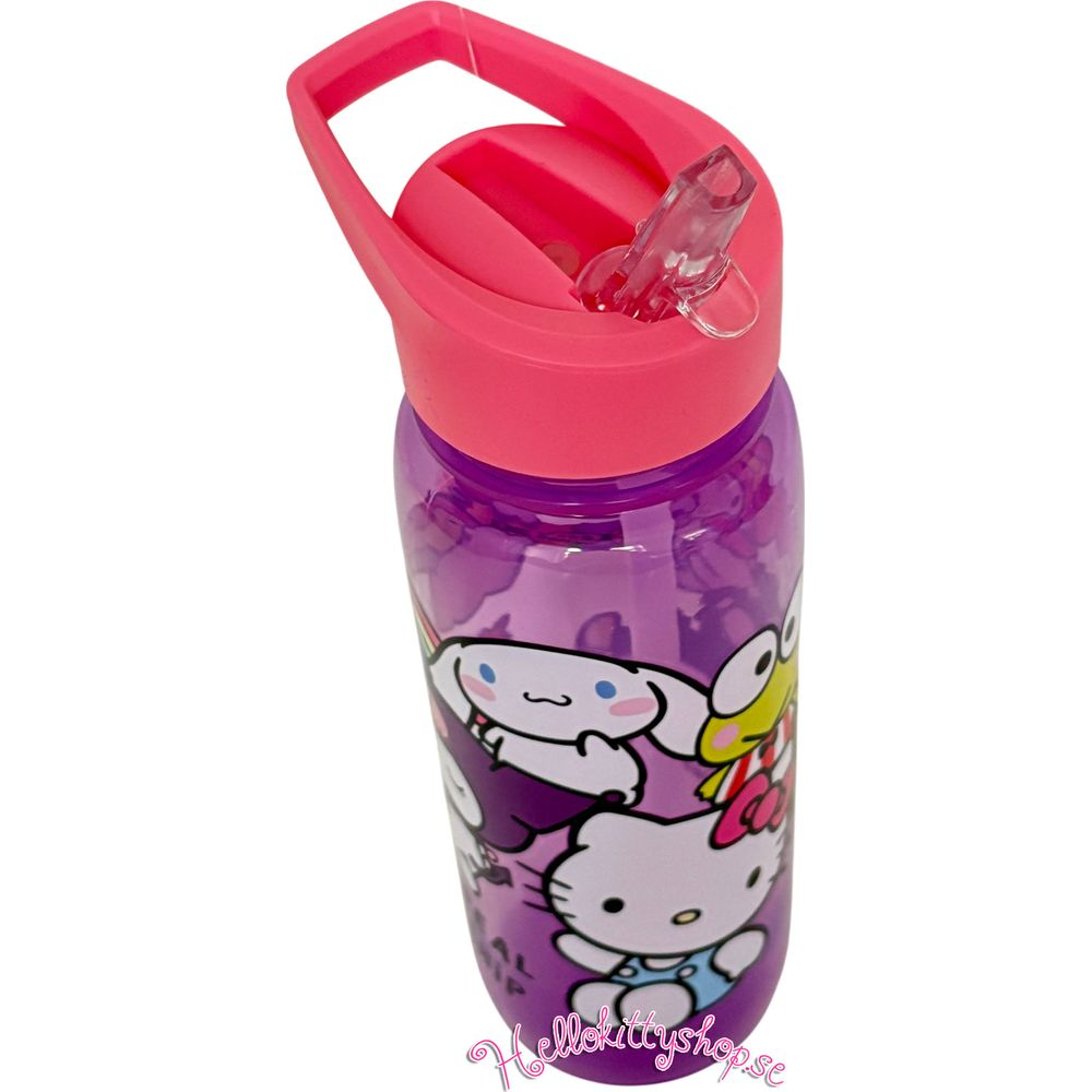 Lila Wasserflasche mit Hello Kitty Figuren und pinkem Deckel mit Tragegriff.