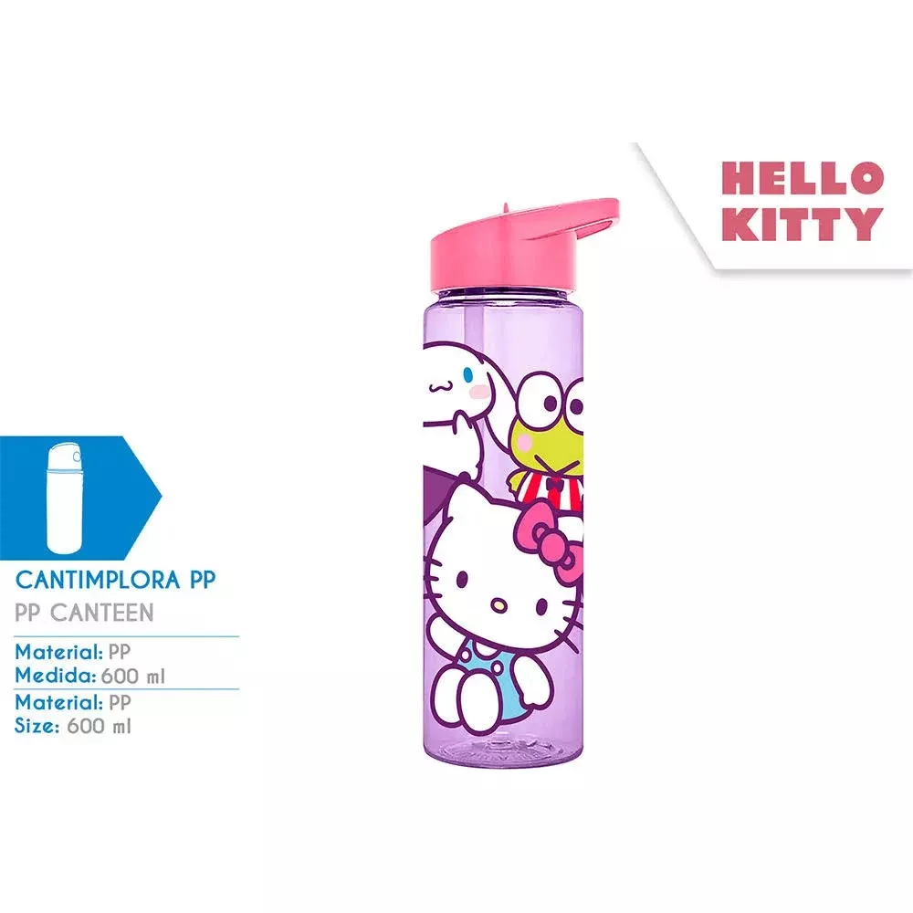 Lila Wasserflasche mit Hello Kitty und Freunden, 600 ml.