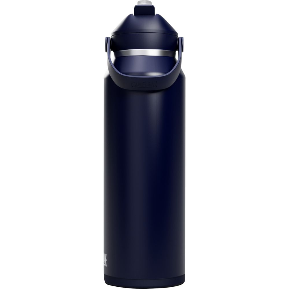 Dunkelblaue Isolierflasche mit Henkel und silbernem Ring am Deckel.