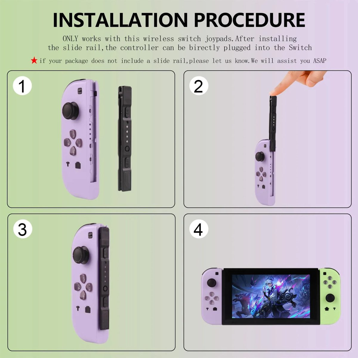 Anleitung: Lila Joy-Con und Schiene, dann Joy-Con am Switch.