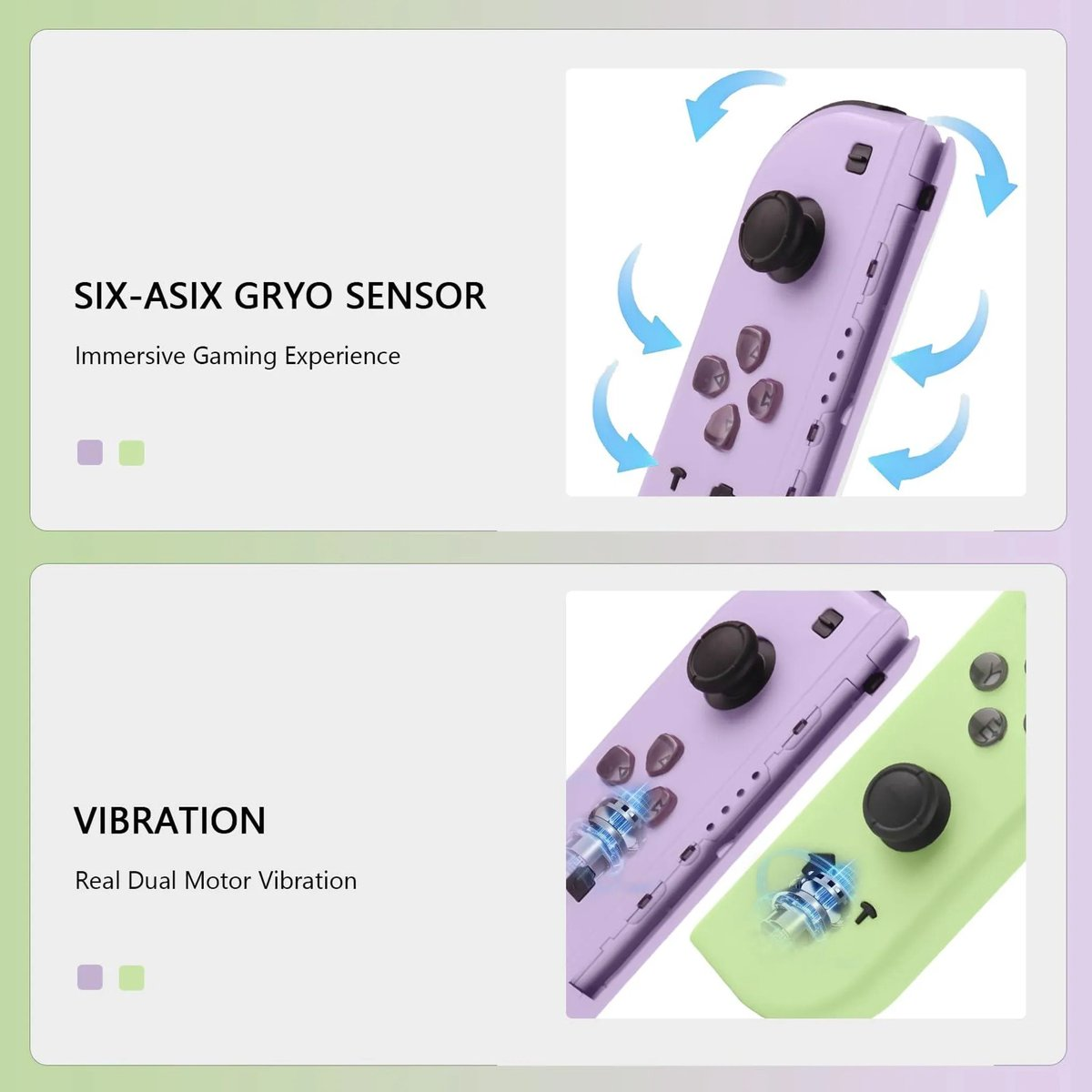 Lila und hellgrüne Controller mit blauen Pfeilen, die Bewegung anzeigen.