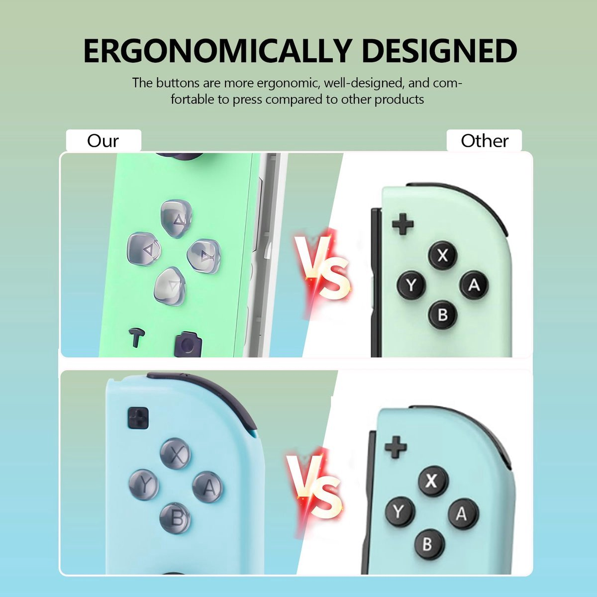 Vergleich von zwei Joy-Con-ähnlichen Controllern in Mintgrün und Hellblau.