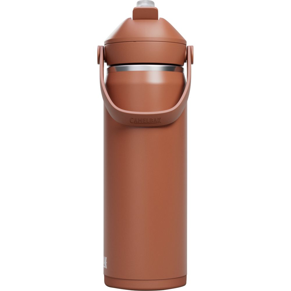 Eine braune Camelbak-Trinkflasche mit Henkel und silbernem Ring am Deckel.