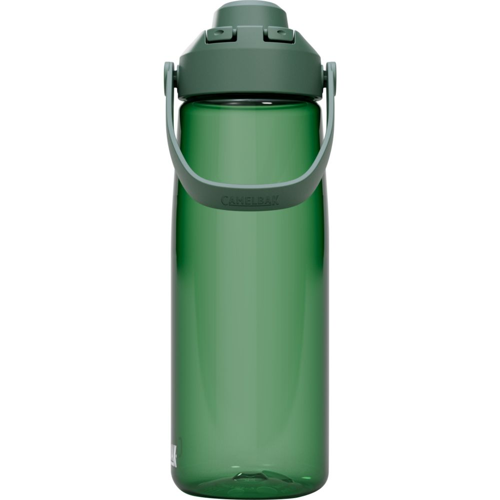 Grüne Camelbak-Wasserflasche mit Henkel und grauem Deckel.