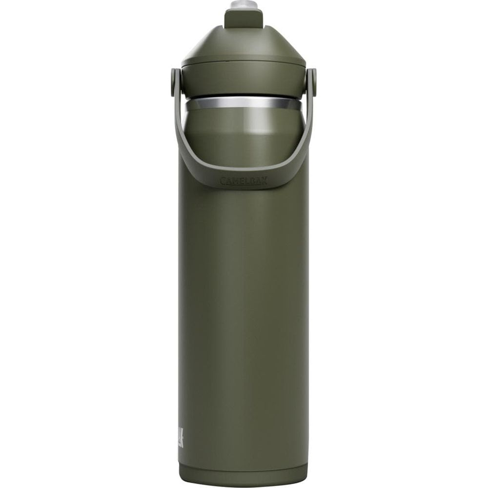 Eine dunkelgrüne Trinkflasche mit Henkel und silbernem Ring am oberen Rand.