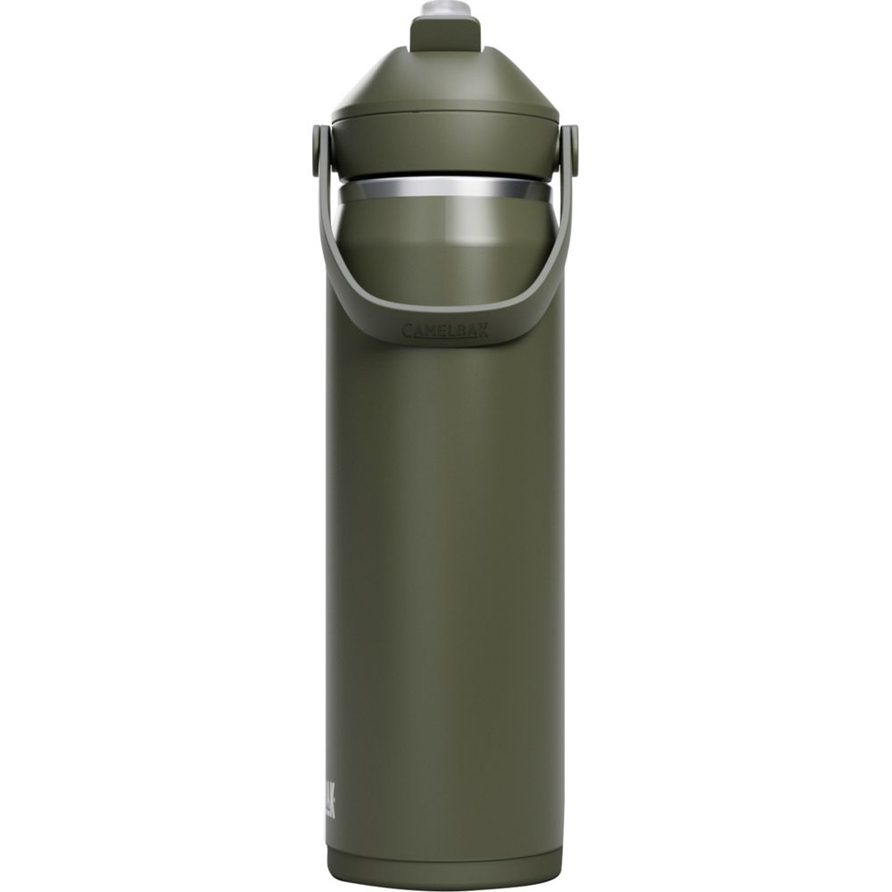 Eine olivgrüne Camelbak-Wasserflasche mit Henkel und silbernem Ring.