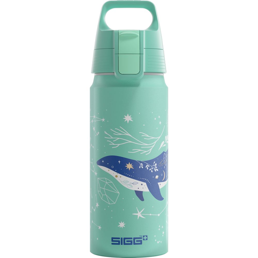 Eine mintgrüne Trinkflasche mit Walmotiv und Sternen.