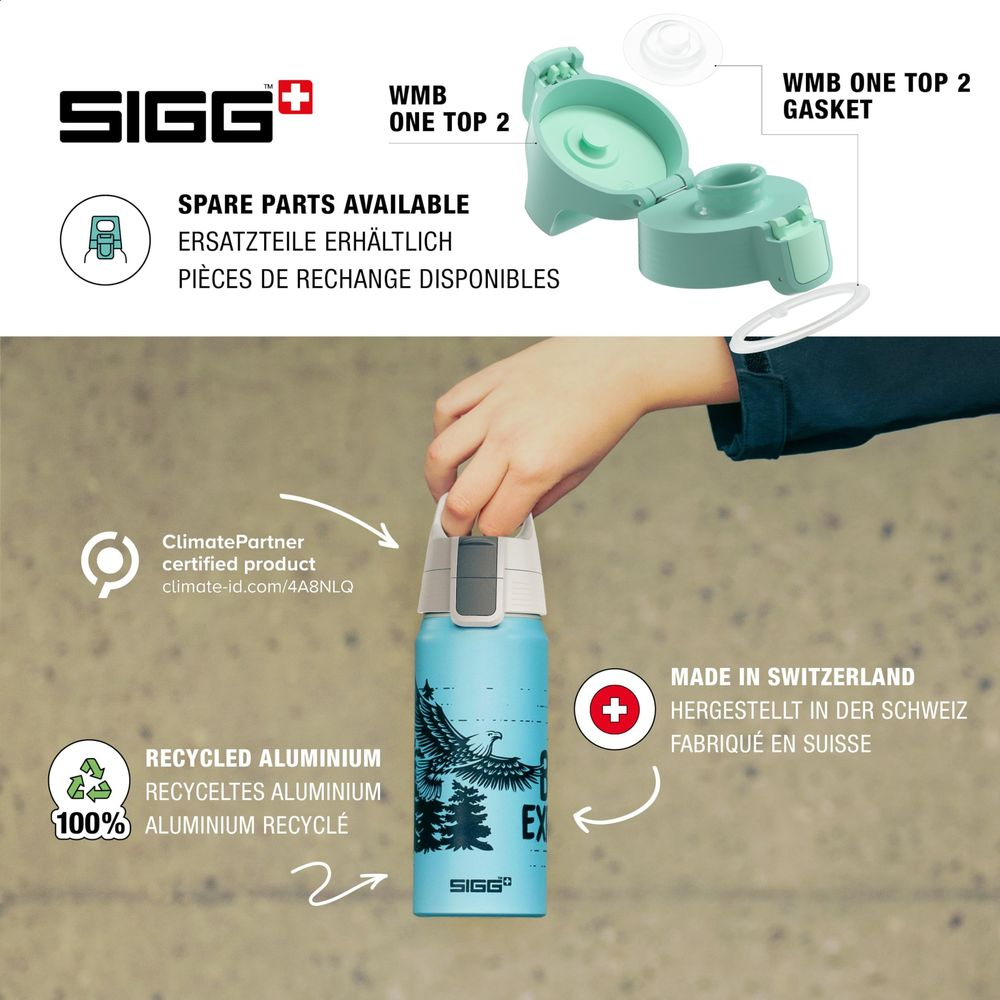Ein blauer SIGG-Flasche mit Adler-Motiv. Zubehör ist sichtbar.