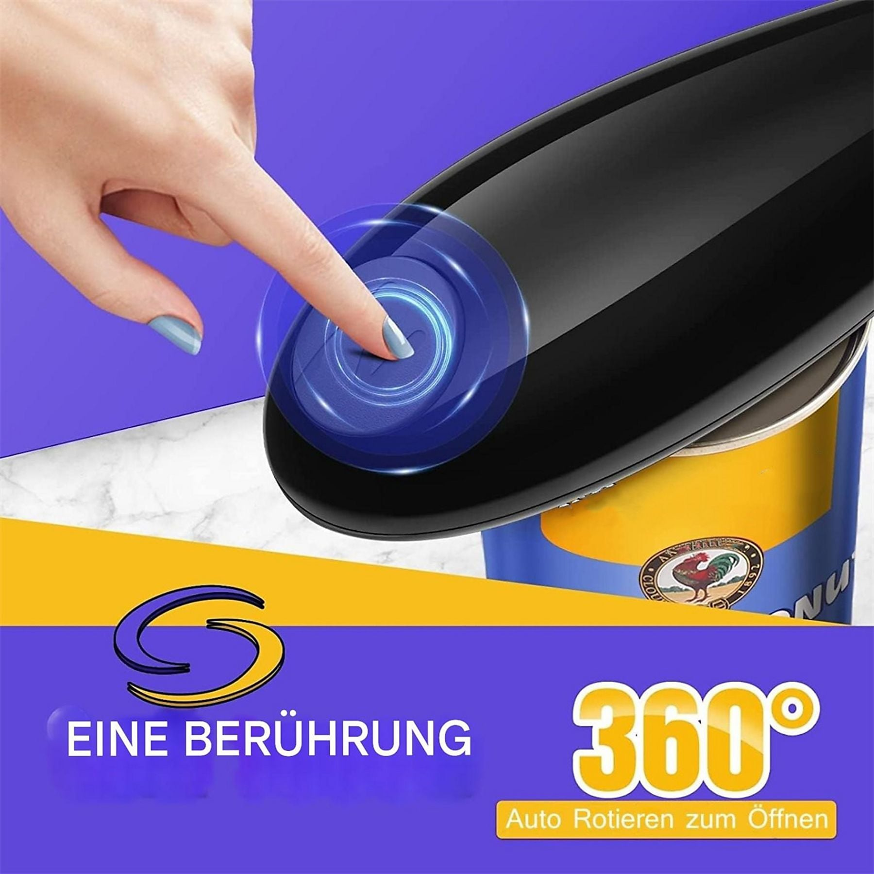 Eine Hand drückt einen Knopf auf einem schwarzen Gerät über einer Dose.
