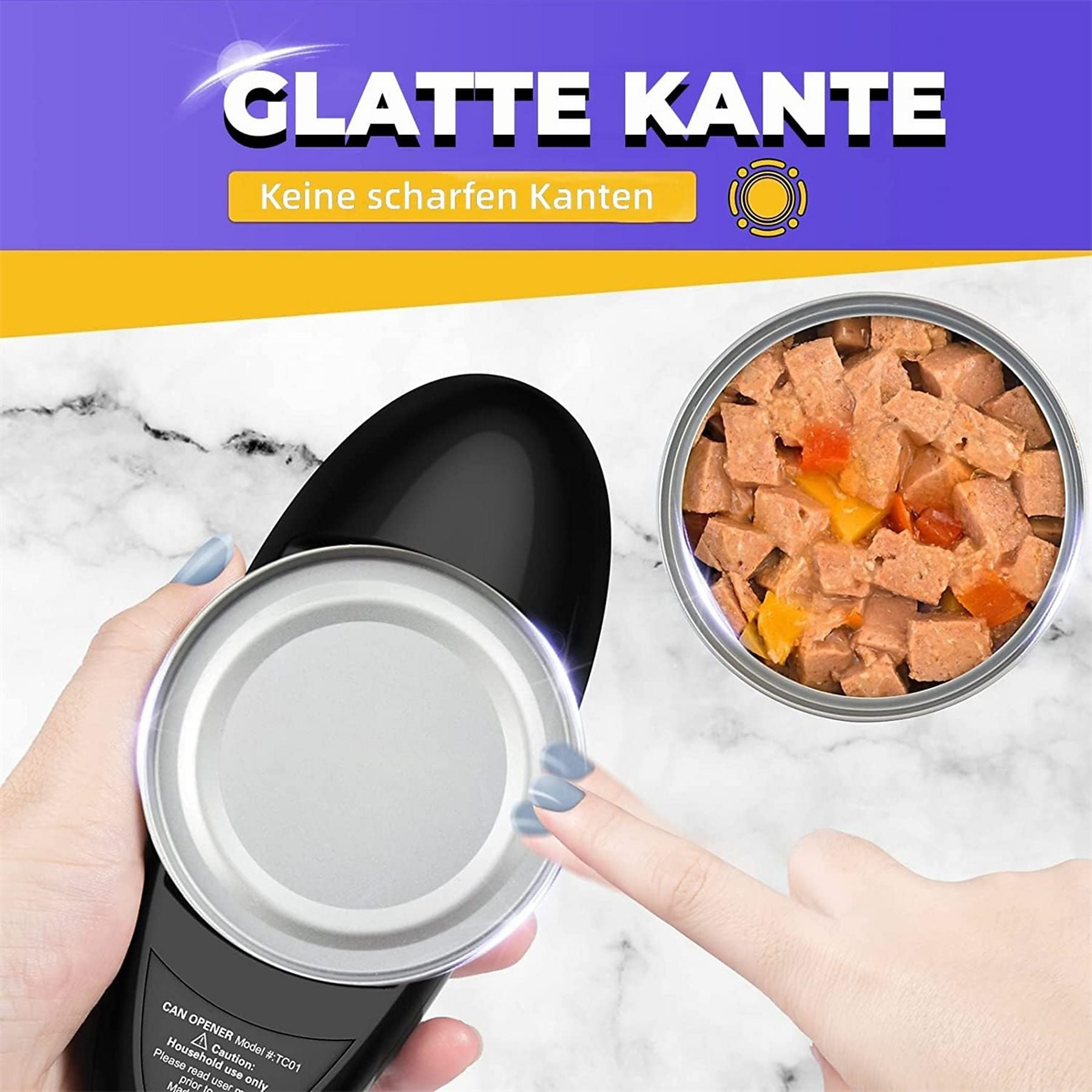 Ein schwarzer Dosenöffner öffnet eine Dose mit Futter. Glatte Kante.