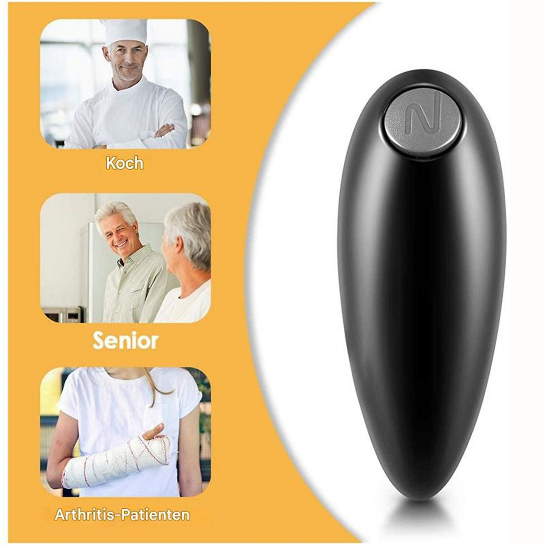 Ein schwarzes Flaschenöffner-Gerät mit N-Symbol und Bildern von Koch, Senioren und Arthritis-Patienten.
