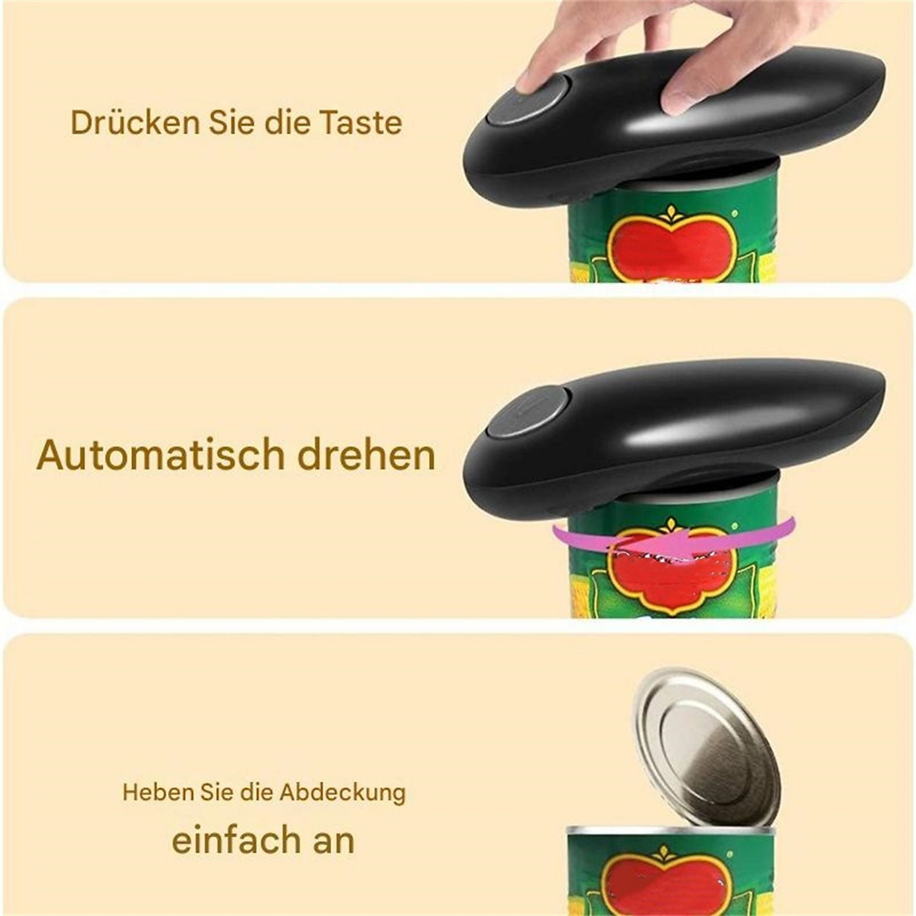 Automatische Dosenöffner schneidet eine Dose auf und hebt den Deckel an.