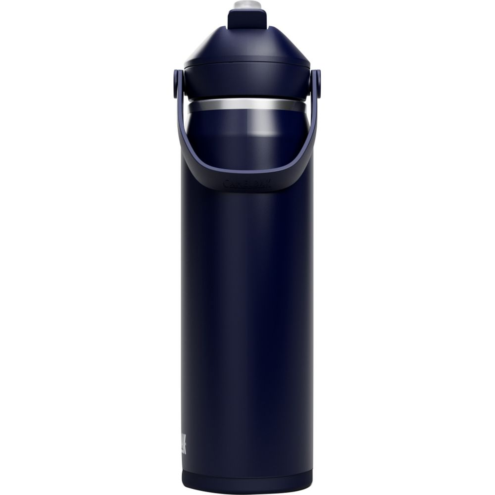 Dunkelblaue Trinkflasche mit Henkel und silbernem Ring am Deckel.