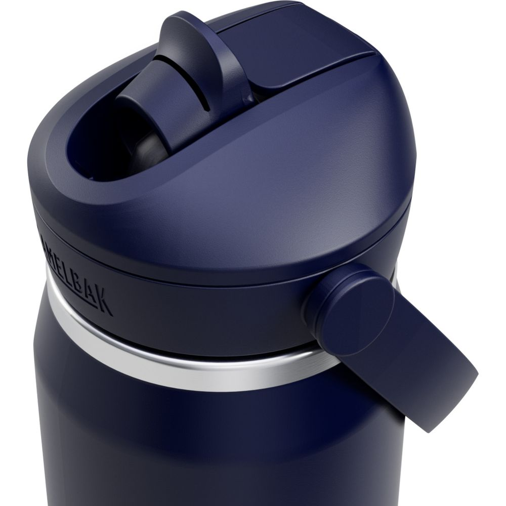 Dunkelblaue Trinkflasche mit aufklappbarem Strohhalmdeckel und Griff.