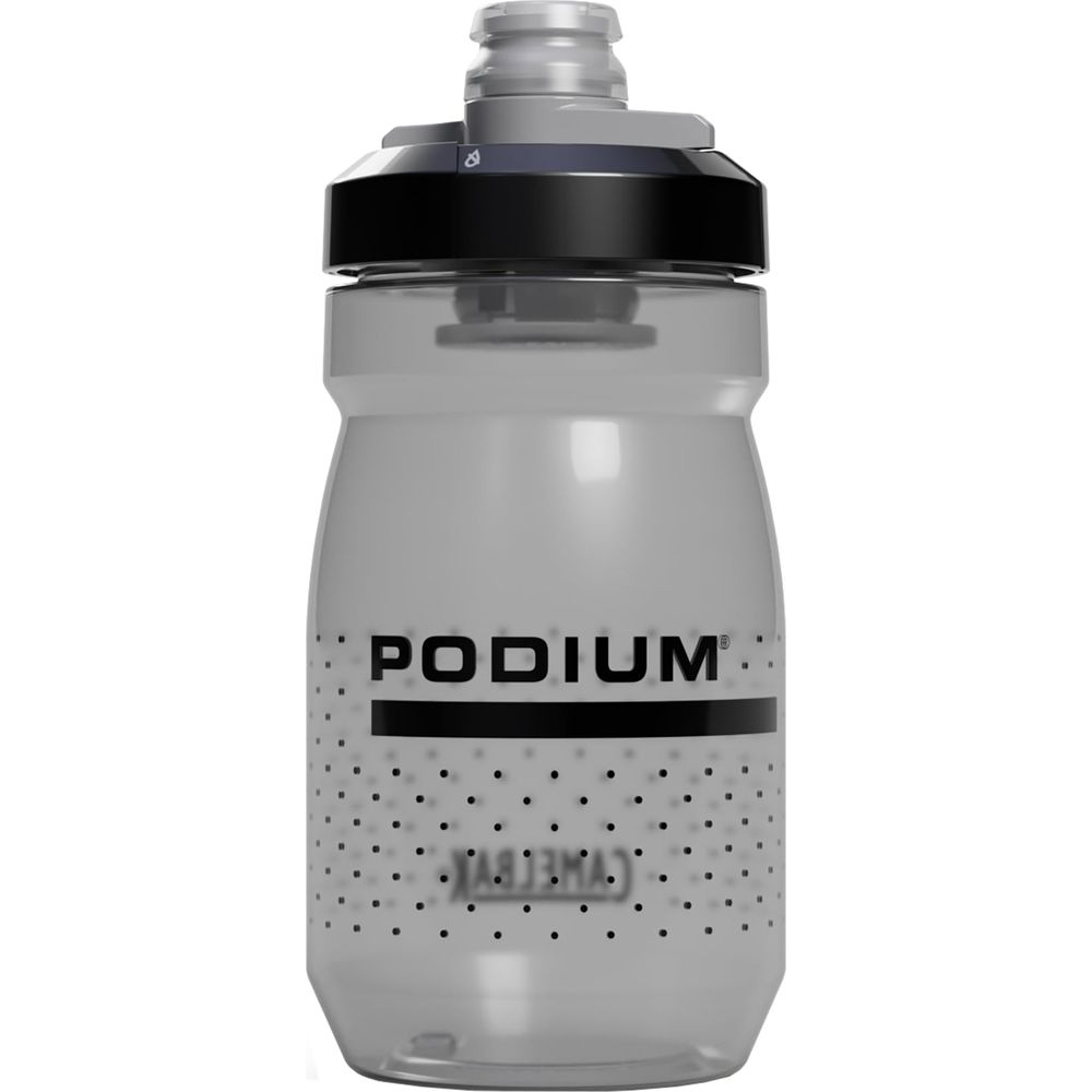 Graue Trinkflasche mit schwarzem Deckel und Logo.