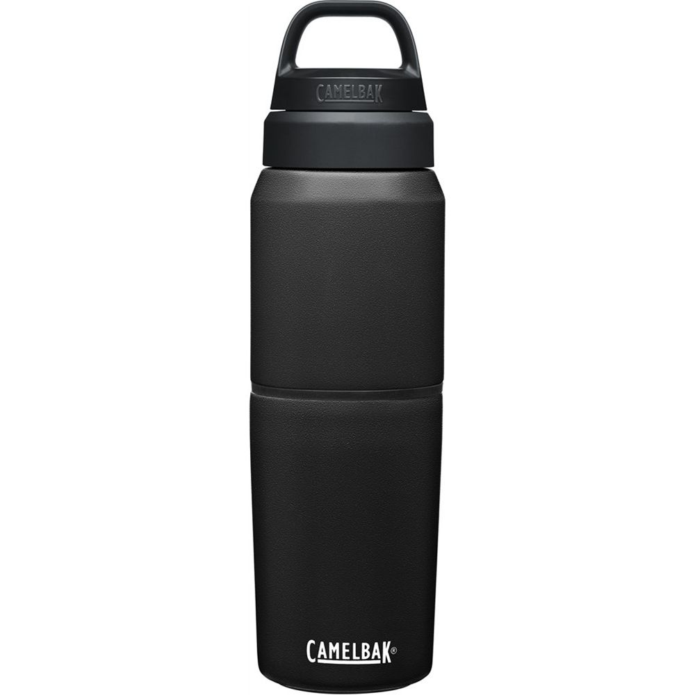 Schwarze Camelbak-Flasche mit Henkel und Logo.