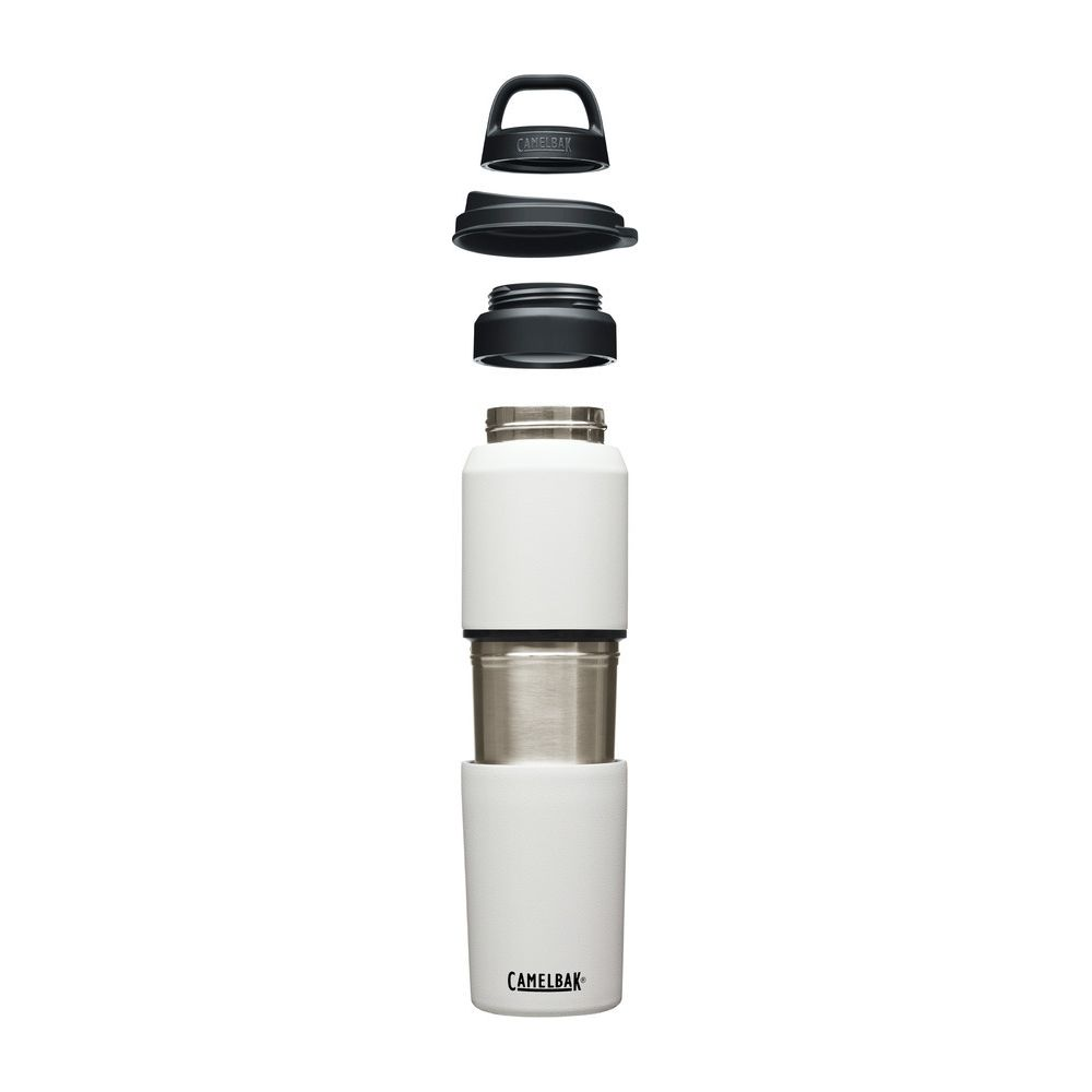 Zerlegte weiße Camelbak-Flasche mit schwarzen Deckelteilen und Griff.