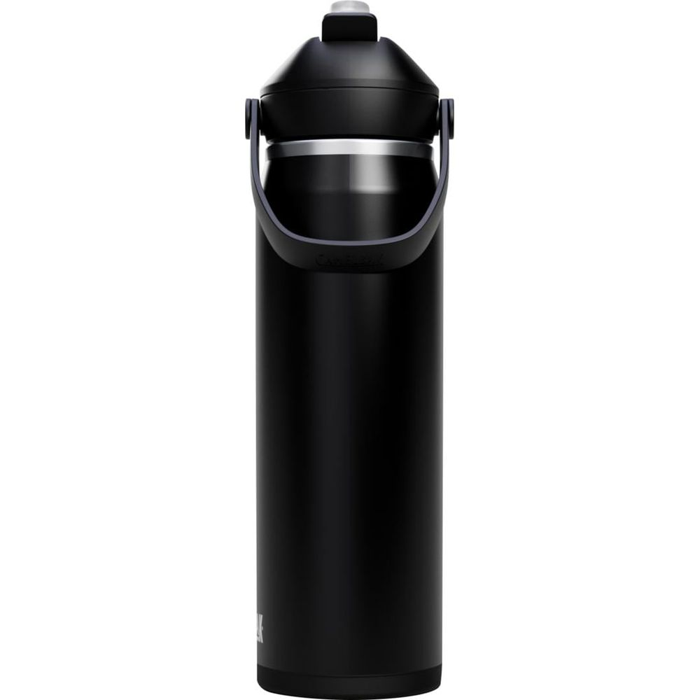 Schwarze Isolierflasche mit Henkel und weißem Ausgießer.