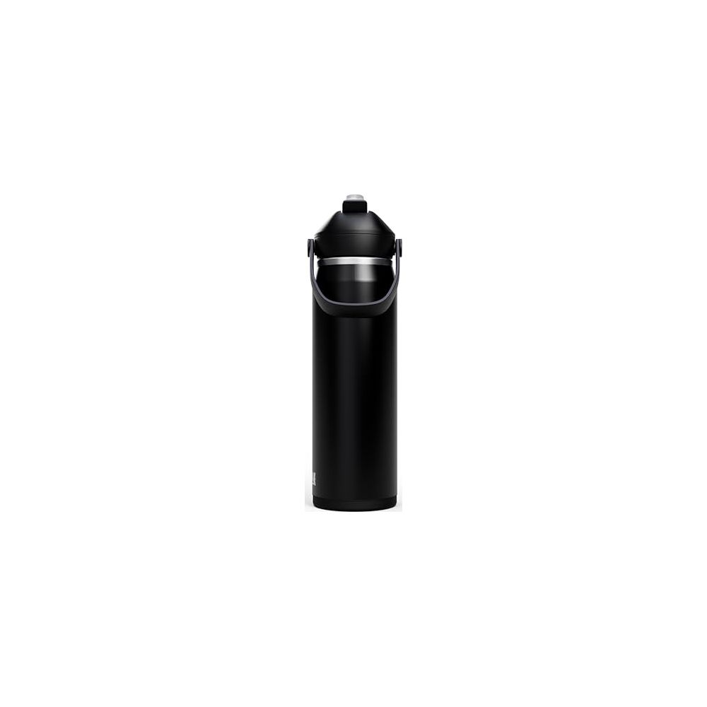 Eine schwarze Isolierflasche mit silbernem Griff steht aufrecht.